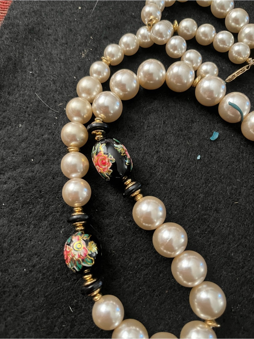 Pearl Bead Necklace with Black Floral Accents - Women Jewelry